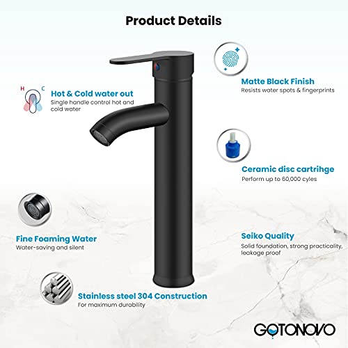 Gotonovo Bathroom Vessel Sink Faucet Single Handle Matte Black Lavatory Vanity Mixer Tap Tall Spout Single Hole thumb #4