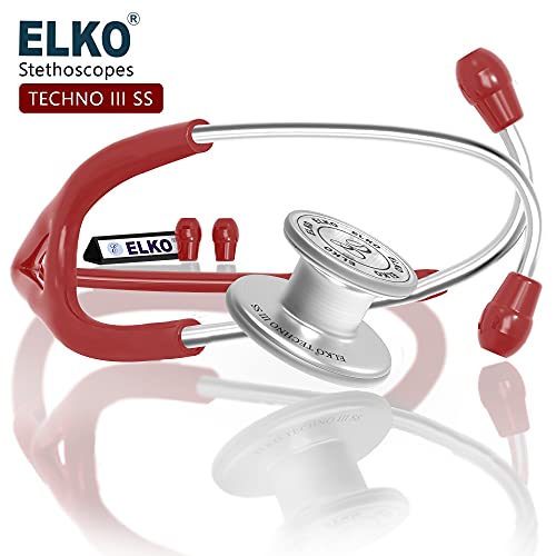 Image of ELKO EL-170 TECHNO III SS Stainless Steel Acoustic Stethoscope | Adult & Pediatric Stethoscope With Double Sided Chestpiece | Two-Way PVC Tubing | Doctors & Medical Students (Red)