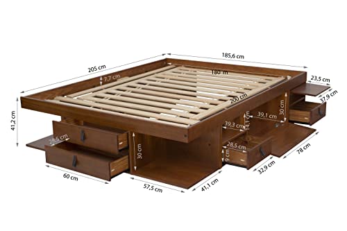 Memomad Set Bali Caramel: Storage Bed Super King 6FT (180x200 cm) + Headboard 205 + Slatted Frame. Sturdy double bed frame and headboard with drawers, ideal for small bedrooms - Solid pine wood