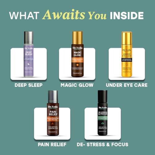 Image of Dr. Veda PURE MAGIC 5-in-1 Roll-On Combo | Deep Sleep, Pain Relief, Magic Glow, Under Eye Care & De-Stress & Focus | 100% Natural Essential Oils | Calming & Care Aromatherapy Set for Relaxation & Wellness