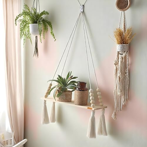 Image of Bohemian Macrame Hanging Wall Art Shelf - Rustic Wood Swing Decor with Beads & Tassels - Includes Adhesive Hook - Floating Plant Holder