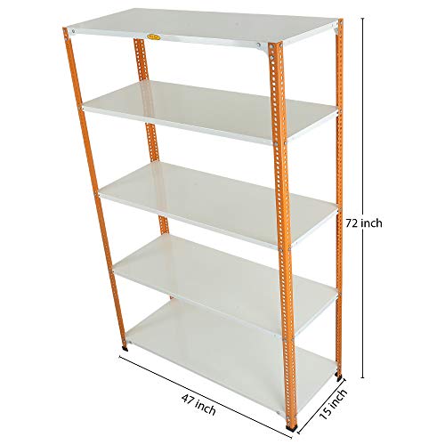 Image of Mil-Nil Prime CRC Sheet 5 Shelf Multipurpose Slotted Angle Rack, 72 x 47 x 15 Inch, 20 Gauge (Orange /Ivory) Powder Coated 14 Gauge Angles