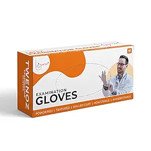 TWENOZ Latex Medical Examination Powder Add Disposable Hand Gloves Premium Exam Hand Gloves Natural White Latex Powder Gloves - (White, Medium) Pack of 100
