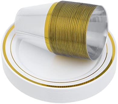 STACKABLES ~ 175 Pcs Dinner Party Set Multi-Use Hard Plastic Elegant White & Gold Dinnerware Set for 25 Guests ~ White with Gold Rim