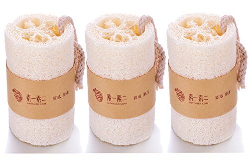 SUYISUER 100% Natural Exfoliating Loofah,Bath Sponge ,Scrubber,with Hang Rope,Great for Skin Care in the Bath ,Spa or Shower ,Pack of 3