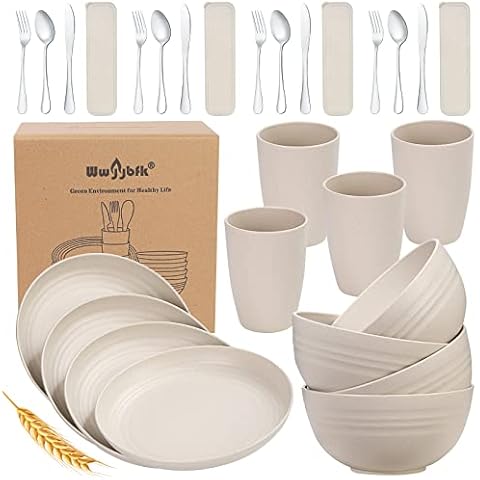 28PCS Kitchen Wheat Streaw Dinnerware Sets for 4, Wheat Straw Plates and Bowls Sets, College Dorm Kitchen Dinnerware Dishes Set Cutlery Set (Beige) Cover