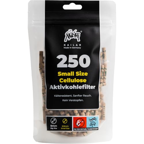 KAiLAR 250 Ungebleicht Cellulose Aktivkohlefilter Slim (6 mm) mit veganer Aktivkohle aus Kokosnussschalen | Für ein sanftes Raucherlebnis ohne zu verstopfen (Kälteresistenz)