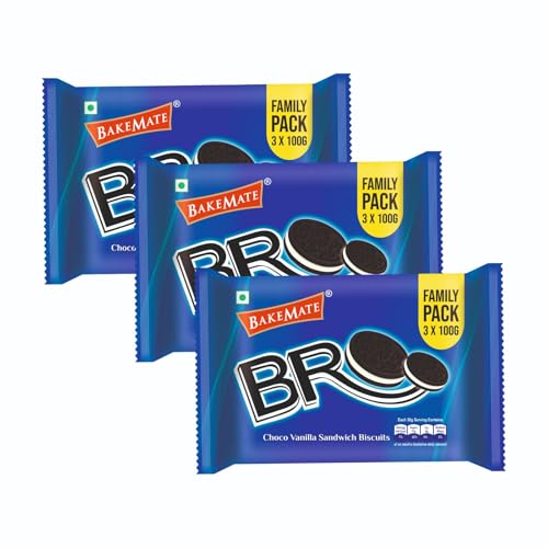 Image of BakeMate BRO Choco Vanilla Sandwich Biscuits Family Pack - Combo Pack of 3 (300g Each) | Vanilla Cream Biscuit | Snack for Kids | Family Pack Sandwich Cream Biscuit | Tea Time Snack | Cookies Packs | Value Pack