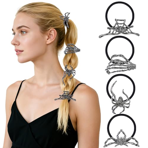 4PCS Halloween Hair Ties Silver Black Spider Web Skeleton Hand Skull Hair Ties Gothic Metal Ponytail Hair Cuff for Women Hiphop Metal Durable Elegant ponytail holders Halloween Hair Accessories