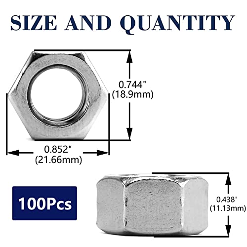Image of 1 /2-13 Hex Nuts 100Pcs 304 Stainless Steel 18-8, Full Thread, Hex Drive, Bright Finish by SG TZH