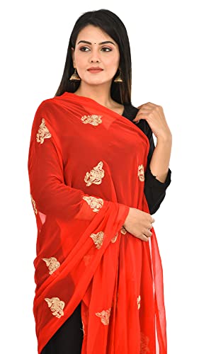 Image of YOUTHQUAKE Golden Patti Embroidered Work Chiffon Dupatta for Womens & Girls with Jaalar Lace