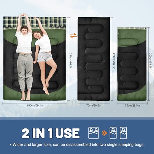 Double Sleeping Bag for Adults Machine Washable 2 Person Camping Sleeping Bag Queen Size Waterproof with Compression Sack for Cold Weather 3-4 Seasons - Image 6