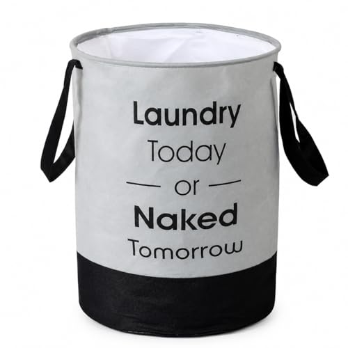 Image of 45L Non Woven Wave Printed Round Foldable Large Laundry Bag /Basket With Handle, Freestanding Cloth Storage Organizer grye black