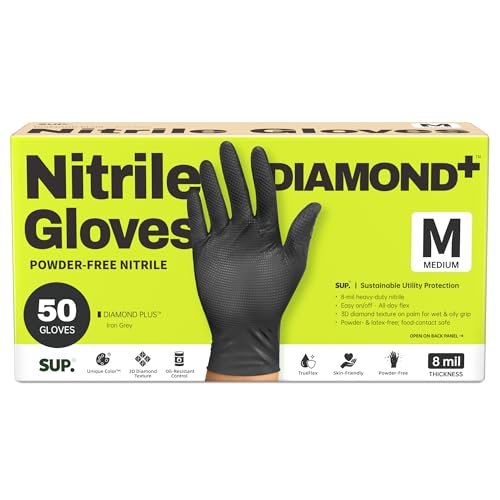 SUPER+ HEAVY DUTY Nitrile Gloves 8 Mil Diamond Texture Disposable Chemical Resistant Powder &Latex Free Food Safe Black 50 Ct (Medium)
