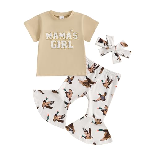 Image of Gaono Baby Girl Hunting Outfit Mamas Girl Summer Clothes Embroidery T-shirt Mallard Duck Flare Pants Cute Bell Bottoms Set