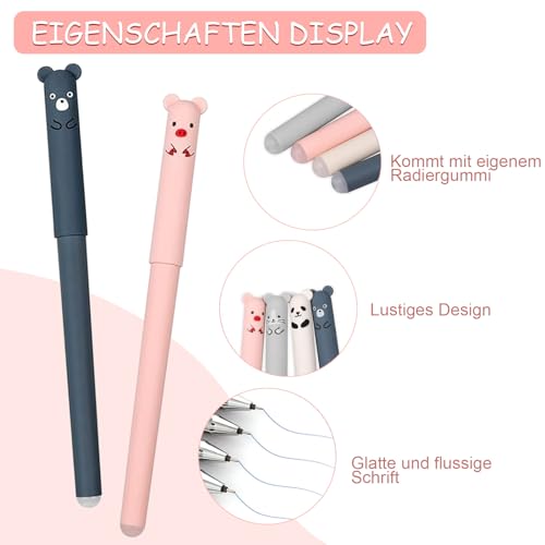MQWDGJ Radierbarer Kugelschreiber, Radierbare Stifte Set, inklusive 8 Radierbarer Stifte 30 Ersatzminen 4 Radiergummi Bär Radierbarer Kugelschreiber für Studenten Geschenk Schul Bürobedarf