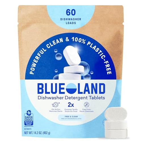 BLUELAND 100% Plastic-Free Dishwasher Detergent Tablets, 60ct, Free & Clear