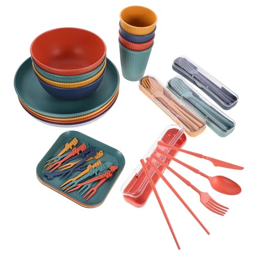 NAMOARLY 5pc Wheat Straw Utensils Set Foldable Tableware for Outdoor Camping Picnic Unbreakable Dinnerware Soup Bowl Plate Cup Fork Spoon Chopsticks