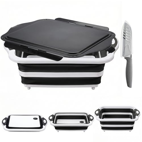 Collapsible BBQ Prep Tub with Lid Foldable Camping Sink with Colander Cutting Board Dish Basin for Kitchen Bowl Vegetable and Fruit Storage Basket for Picnic-Black