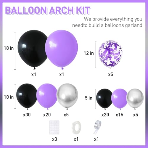 Image of Black Purple Balloons Arch Kit,BTZO Metallic Silver Purple Confetti Balloon for Birthday Wedding Bridal Shower Graduations Party Decorations
