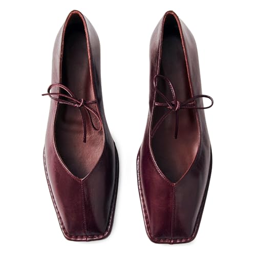 Ballet Flats for Women Lace Up Bow Square Toe Mary Janes Cute Ballerina Shoes Slip On Comfortable Elegant Dress Shoes