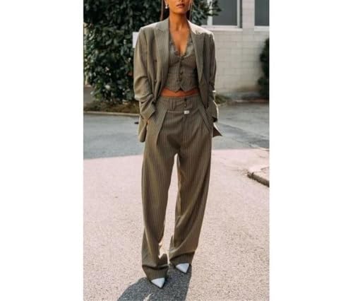 Chic Gray Women’s Two-Piece Suits: Double Breasted Blazer & Wide Leg Pants Set for Effortless Professional Style - Image 2