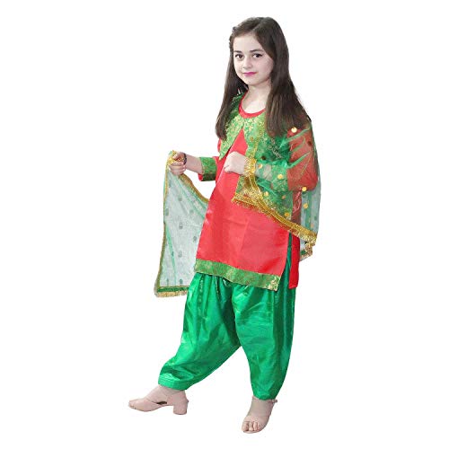 Image of Kaku Fancy Dresses Indian State Punjabi Folk Dance Costume For Kids | Baisakhi /Lohri Festival Dance Costume | Salwar Suit With Dupatta For Girl Costume - Red & Green, 14-17 Years