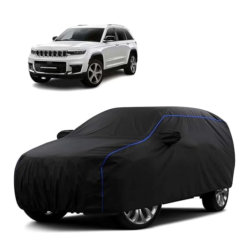 Image of Sulfar 100% Water Resistant Car Body Cover Compatible with Mirror for Jeep Grand Cherokee (Triple Stitched, Full Bottom Elastic, Black Tafetta with Blue Piping)