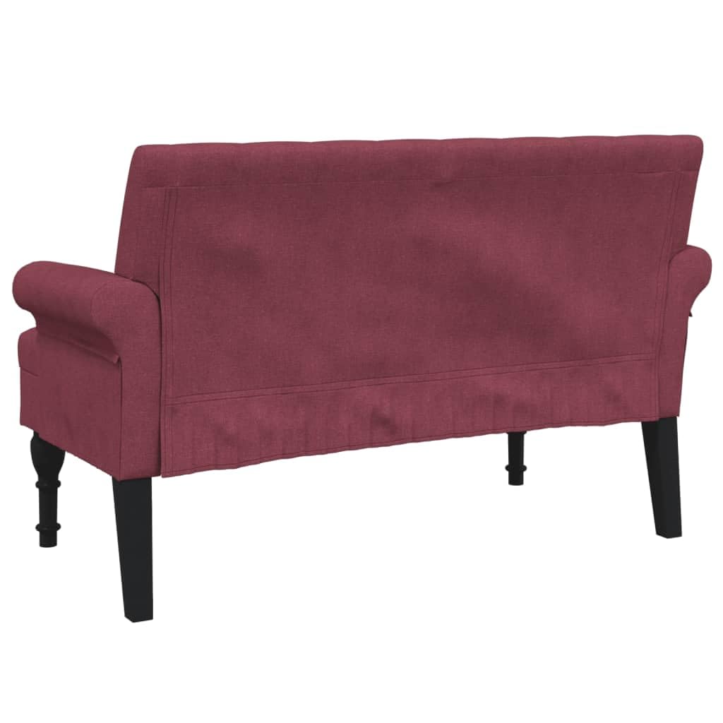 Banco con respaldo, color rojo vino, 120 x 62 x 75 cm, tela, asiento acolchado grueso, costuras con botones, reposabrazos redondeados, patas de madera de caucho maciza, estable