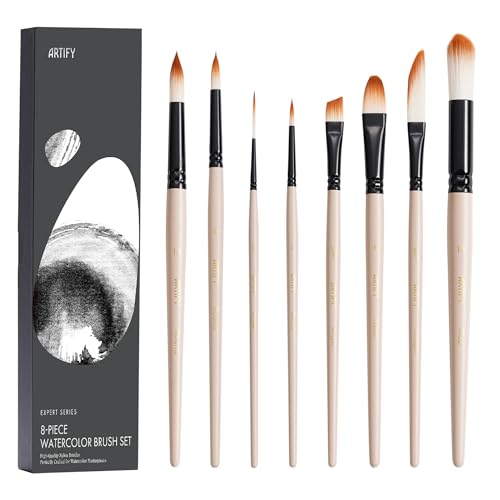 ARTIFY Water Brush Set, 8 Pcs Professional Paint Brushes with Case for Beginners and Artists, Various Shapes, Optimized Hairs for Watercolor, Gouache, Ink, Tempera, and Fabric Painting