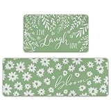Tailus Live Life Laugh Green Kitchen Rugs Set of 2, Spring Summer Bloom Daisy Flower Leaves Kitchen Mats Decor, Floral Seasonal Floor Door Mat Home Decorations -17x29 and 17x47 Inch