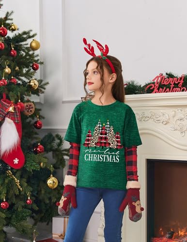 Image of Arshiner Girls Christmas Halloween Long Sleeve Shirts Graphic Stripe Plaid Patchwork Top Tee