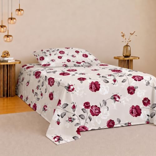 Image of IVAZA 260 TC Soft Ezyption Cotton Floral Single Bed Sheet - Single bedsheet with 1 Pillow Cover Hypoallergenic, Brethable, (Size- 90 x 60 Inch Deep Rose