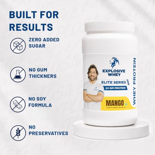 Image of Explosive Whey Elite Series Whey Protein - Trusted by M.S. Dhoni | 24g Protein per Scoop | Premium Concentrate Sport Supplement for Enhanced Muscle Growth and Recovery | Mango - 1kg (30 Servings)