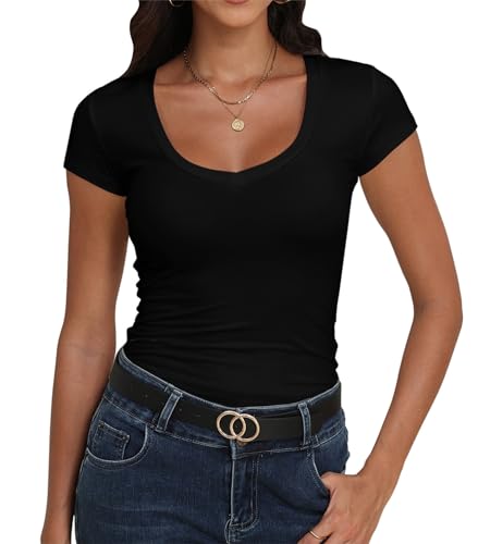 Roselux Women's V Neck Short Sleeve Workout Form Fitted Shirts Summer Tight Basic Top T-Shirt