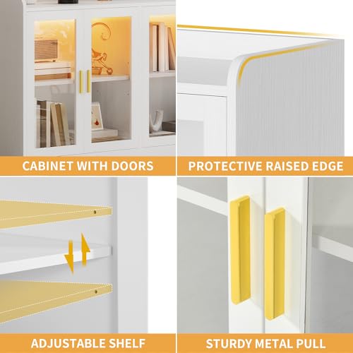 DWVO 55'' Sideboard Buffet Cabinet, Coffee Bar Cabinet with LED Light, 4 Doors & Adjustable Shelves, Large Storage Cabinets for Kitchen, Dining Room, Living Room, White