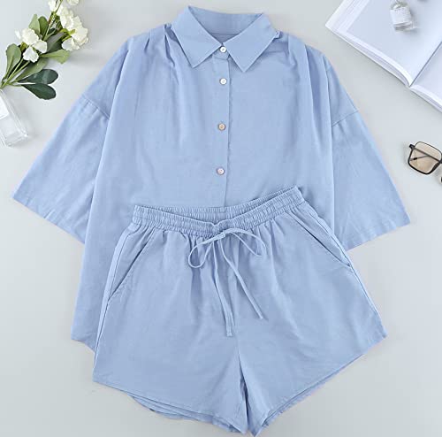 Image of Fixmatti Women 2 Piece Outfits Long Sleeve Button Down Blouse and Shorts Sweatsuit Sets