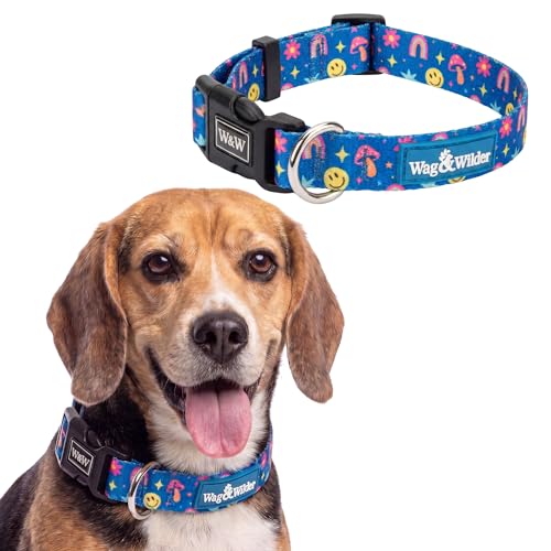 Image of Wag and Wilder Heavy Duty Adjustable Dog Collar for Medium Dogs - Quick Release Buckle & Metal D-Ring (Groovy Trails Blue)