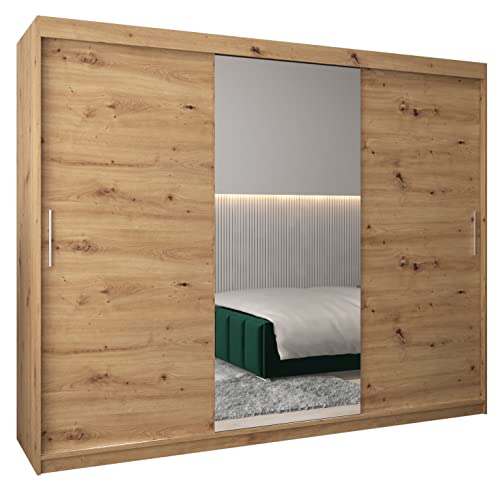 ABIKSMEBLE Tokio 1 250 Armario 3 Puertas Correderas para Dormitorio - Armario Moderno con Espejo, Barra y Estantes - 250x200x62 cm (Ancho x Alto x Fondo) - Artisan