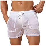 Cambkatl Sexy See-Through Swim Trunks for Men Elastic Waist Summer Beach Shorts Low Waist Bathing Suit Swimwear with Pockets