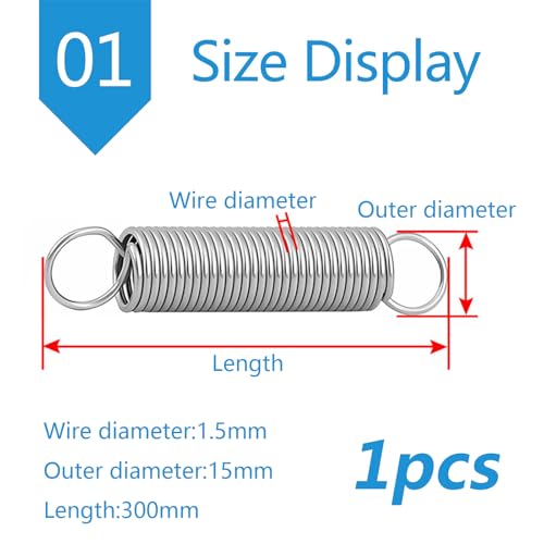 UpGBRF Extension Spring Stainless Steel Dual Hook Tension Springs for Craft Production, Wire Diameter 1.5mm, Length 30cm,OD:15mm