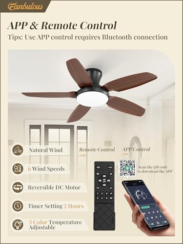 Fanbulous Ceiling Fans with Lights, 42 inch Low Profile Flush Mount Ceiling Fan with Remote/APP Control,Black Modern Ceiling Fan with LED Light for Bedroom Indoor Outdoor-LED Dimmable, 3CCT, 6 Speeds — view 2