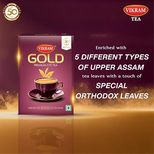 Image of VIKRAM Gold Premium CTC Tea | Blended With 5 Unique Types Of Leaves From Upper Assam And Enriched With Orthodox Tea Leaves | Rich & Aromatic Chai | Premium | 250g x Pack of 3