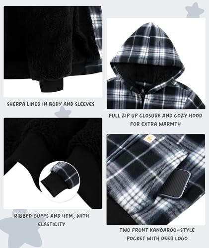 Image of V VALANCH Boys Flannel Jacket Hooded Fleece Lined Zip-up Hoodies Plaid Coat for Kids