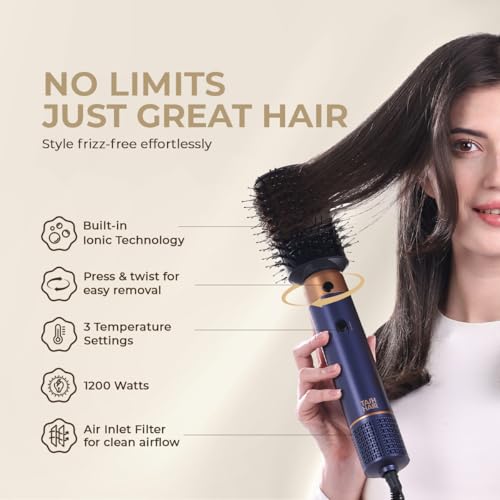 Image of Tash Hair 6-in-1 AirStyler- Hot Air Brush, Straightener Brush, Curling Tong, Blow Dryer, Concentrator & Diffuser | 50% Less Hair Breakage, 1200 Watts, 3 Heat Settings | All in One Multi Styler