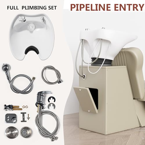 Image of Shampoo Bowl and Chair Set for Salon,Backwash Chair with Adjustable Tilting Porcelain Sink, Salon Hair Washing Station with Ceramic Shampoo Bowl Neck Rest,Beauty Spa Equipment (Light Taupe)