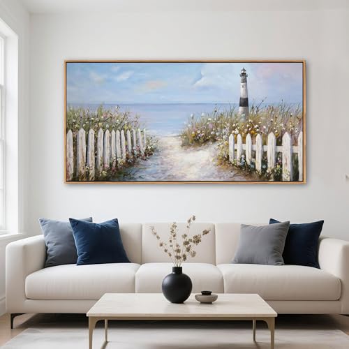 Ocean Wall Art for Living Room - Coastal Canvas Artwork for Walls, Vintage Landscape with Lighthouse, Farmhouse Beach Pictures, Framed Bedroom Wall Decor 20×40IN by HGUAOA - Used condition - US$76.99