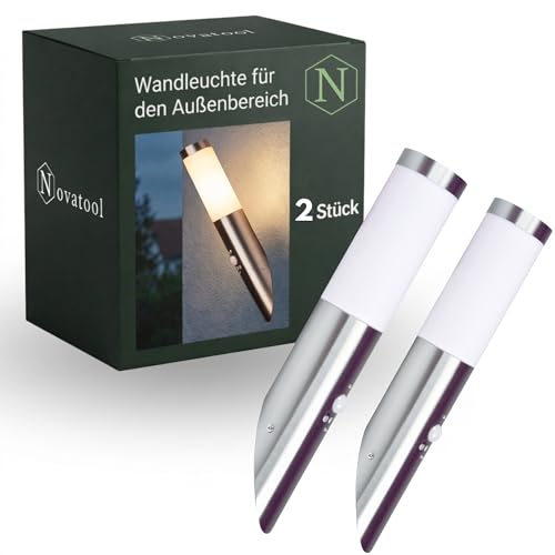 Novatool 2x Wandleuchte Aussen Edelstahl mit Bewegungsmelder I IP44 I E27 Sockel I Ø7x8H36 cm I Außenlampe Balkon Außenleuchte Außenbeleuchtung Haus Wandleuchte Aussenbeleuchtung Gartenleuchte