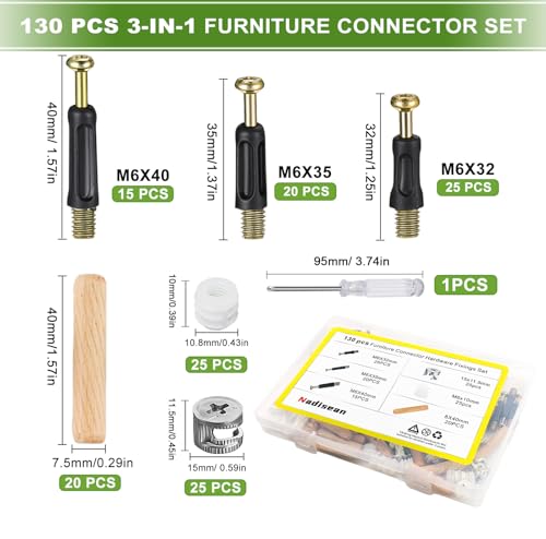Nadisean 130Stk Möbelverbinder Schrankverbinder, Zinkdruckguss Vernickelt Korpusverbinder, inkl Exzenternocken, M6x40/35/32mm Einschraubdübel, Kunststoffmuttern Holzdübel, Schraubendreher für Schrank
