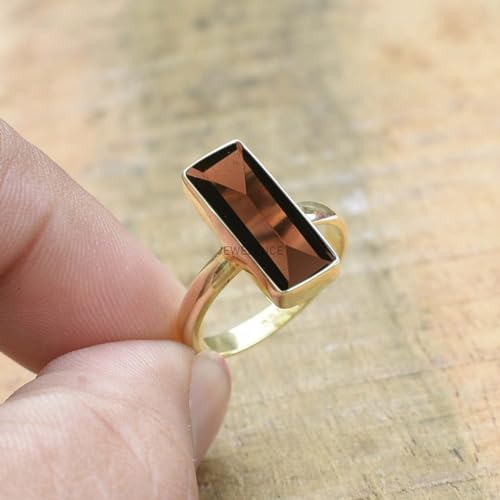 14K Yellow Gold Overlay 925 Sterling Silver Ring For Womens Natural Smoky Quartz Ring Sterling Silver Engagement Ring Bezel Set Gemstone Bar Ring2